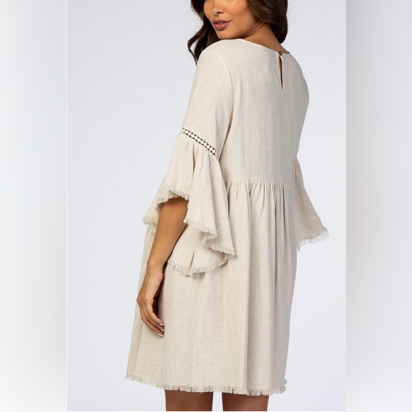 PINKBLUSH Beige Raw Edge Bell Sleeve Babydoll Maternity Dress Size Medium - Picture 6 of 10